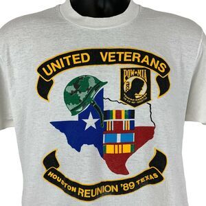 Vintage 80s United Veterans Reunion Texas T Shirt Mens Medium Houston USA White